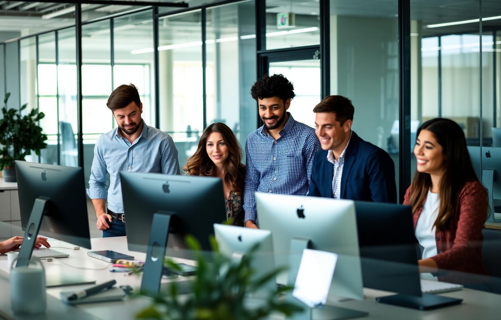 Engineering team collaborating in a modern office