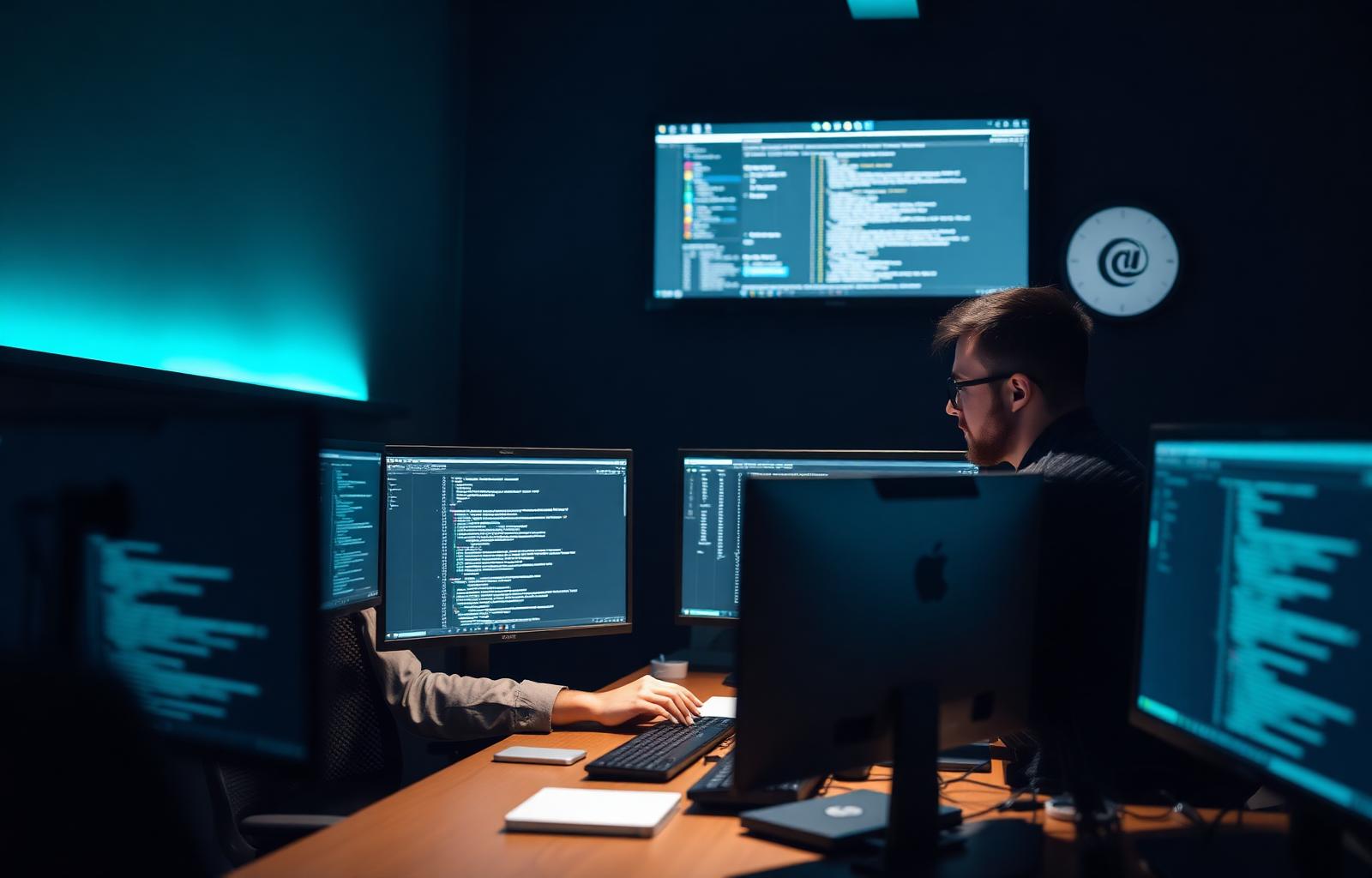 Software engineers working at multi-monitor stations